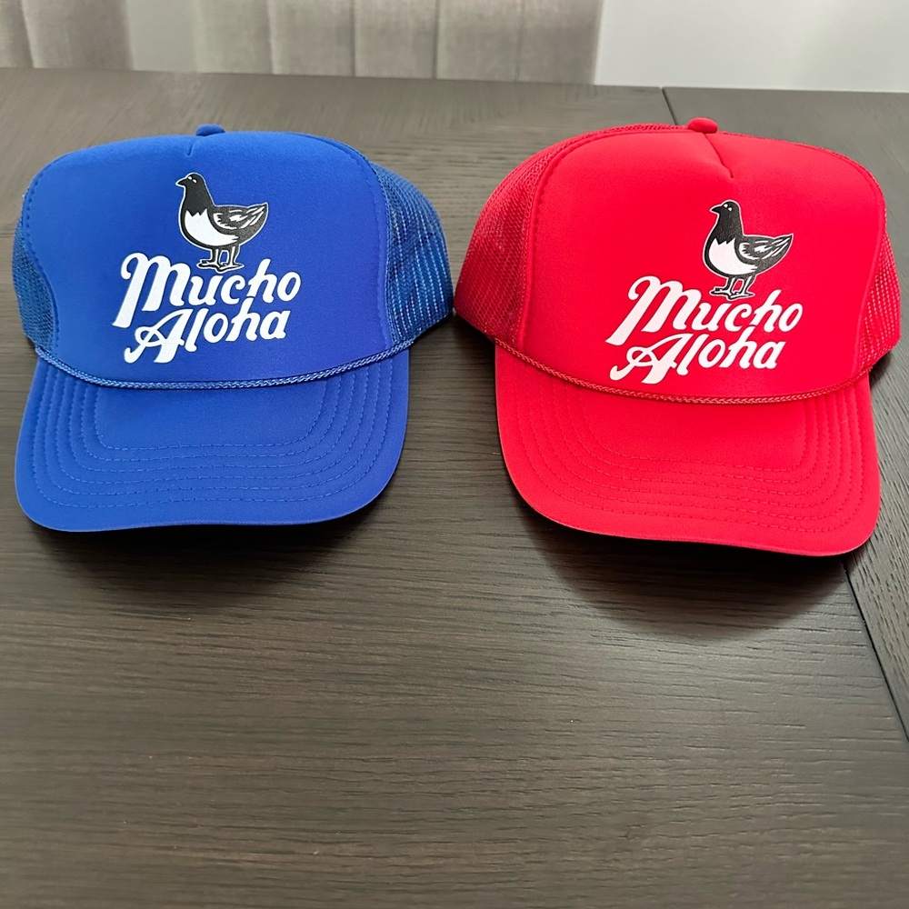Mucho Aloha Blue and Red Trucker Hats
